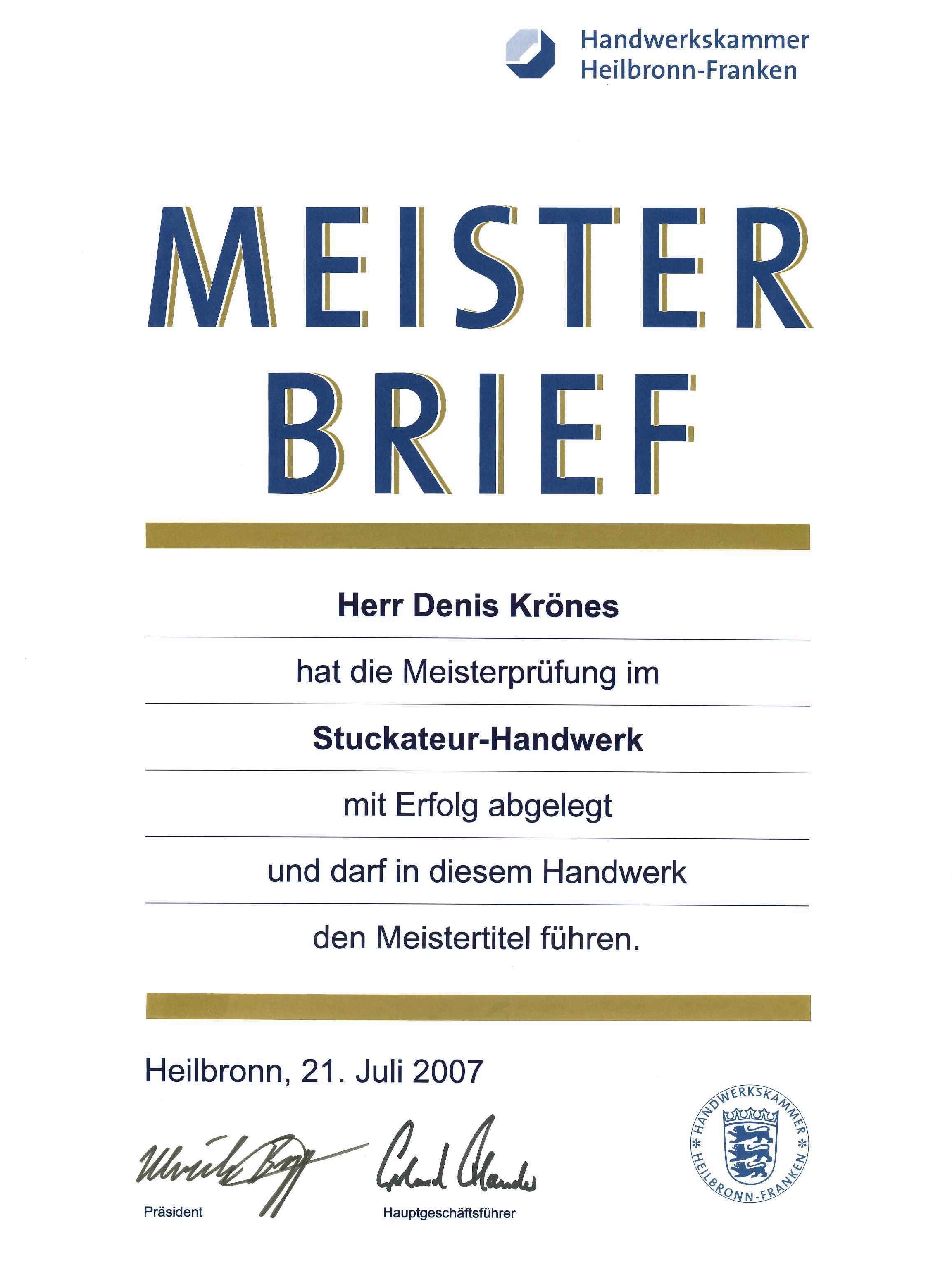Meisterbrief - Denis Krönes
